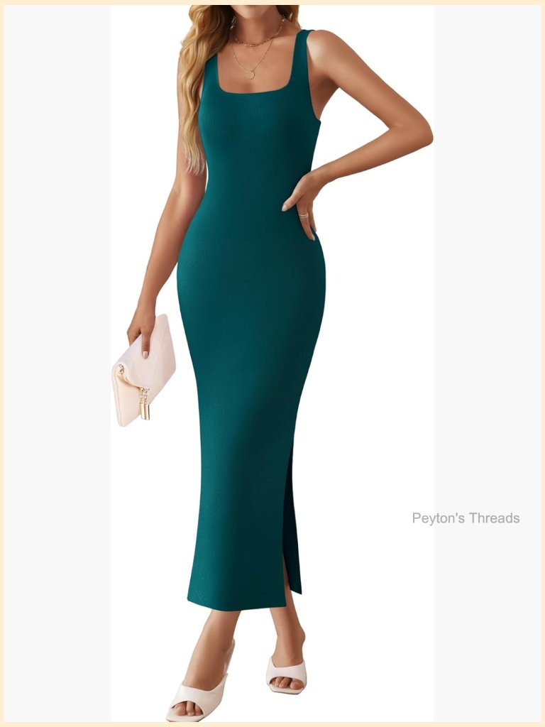 Sleeveless Knit Bodycon Midi Dress Square Neck Side Slit Beach Vacation Long